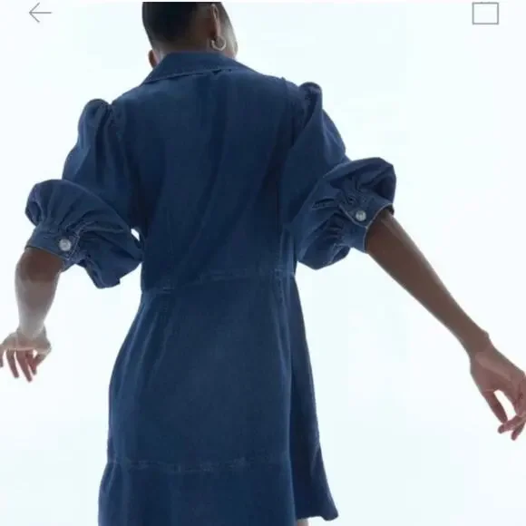 Zara Blue  Double Breasted Puff Sleeve Denim Mini Dress Blogger Favorite NEW - Picture 7 of 16